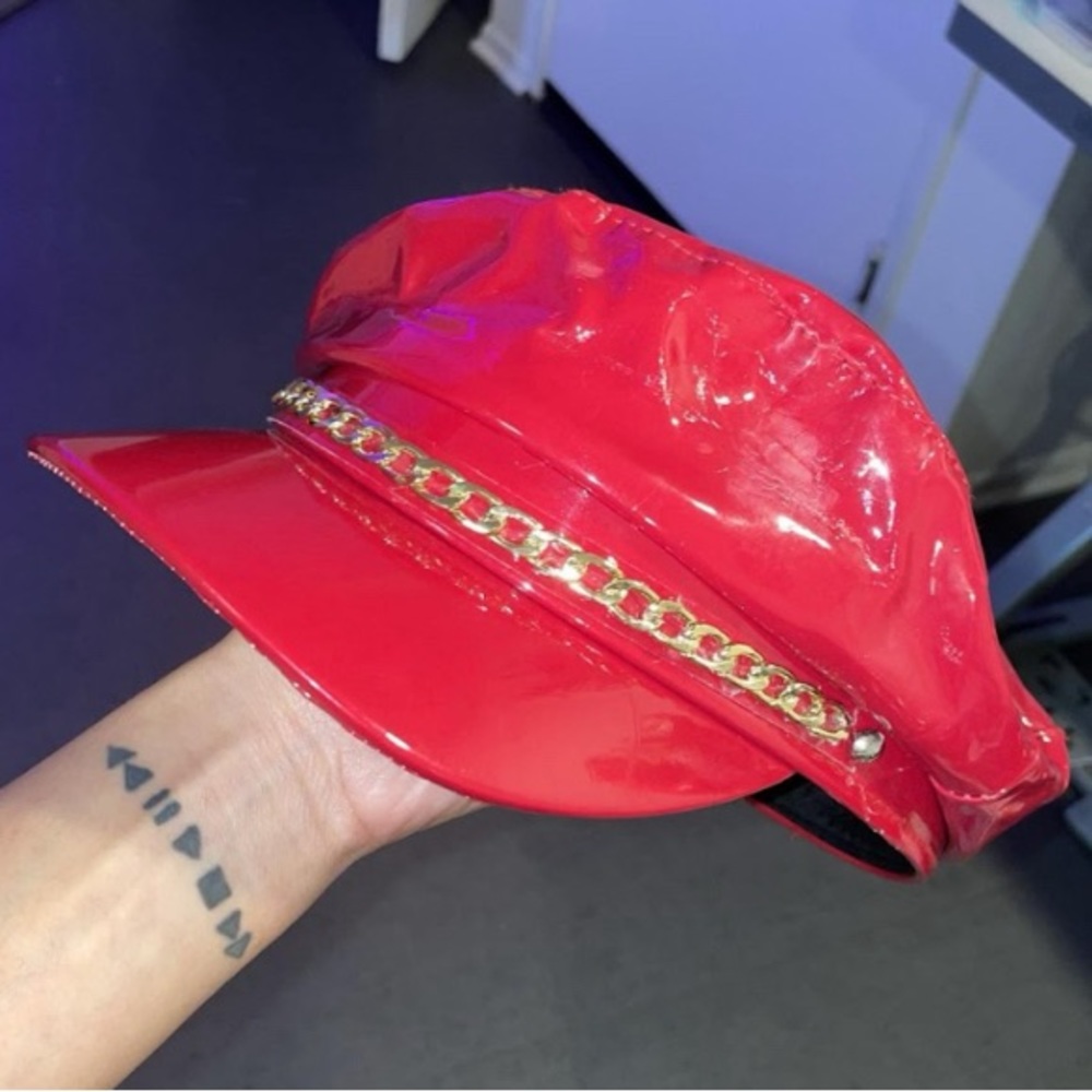 Red patent baker boy hat with gold chain